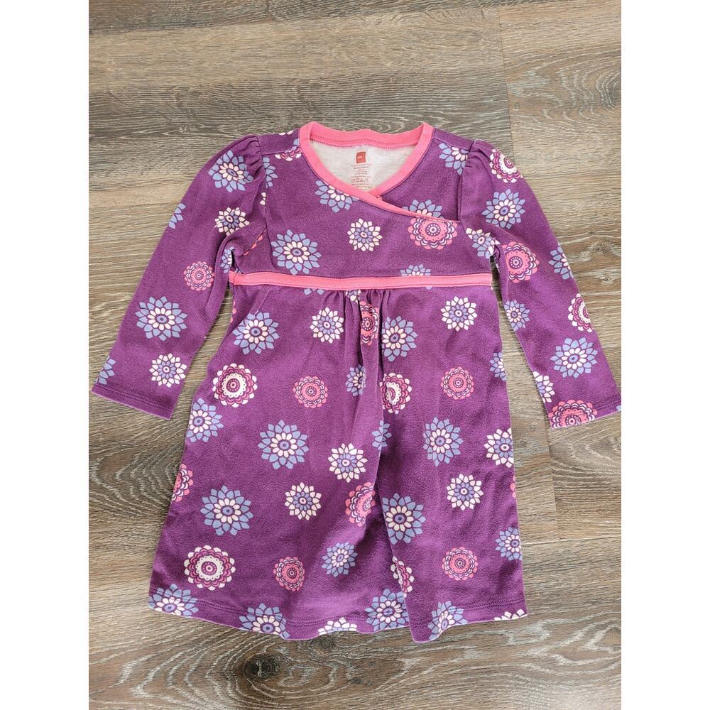 Tea Girls Long‎ Sleeved Purple Flowers Dress size 4 100% Cotton #6
